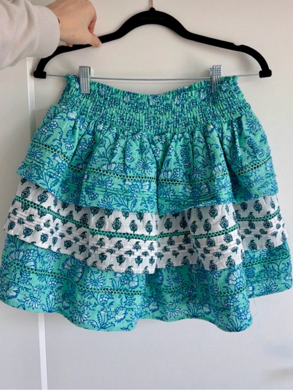 Roller Rabbit Teal and White Floral Tiered Mini Skirt with Smocked Waist